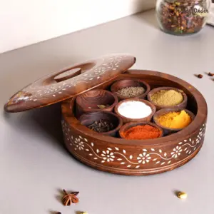 Round Wooden Masala Box with 7 Compartments