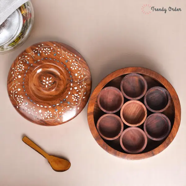 Round Wooden Masala Box with 7 Compartments