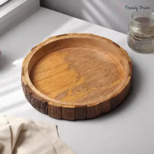 Round Wooden Serving Tray with Bark Edge