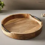 Round Wooden Serving Tray with Metal Handles