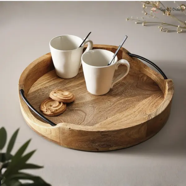 Round Wooden Serving Tray with Metal Handles
