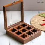 Square Wooden Masala Box with Glass Lid