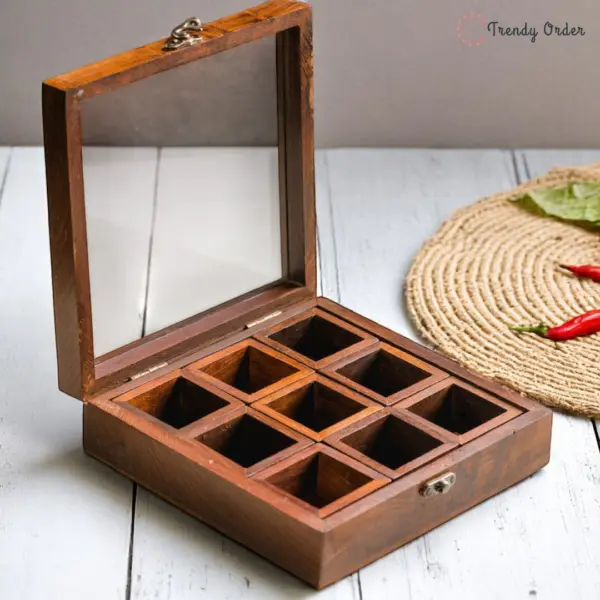Square Wooden Masala Box with Glass Lid