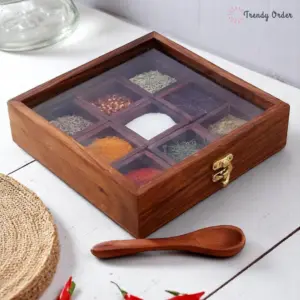 Square Wooden Masala Box with Glass Lid