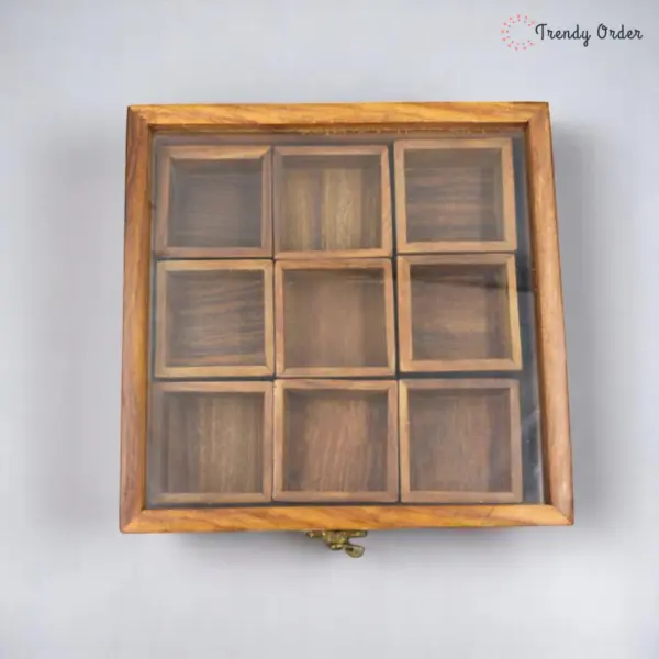 Square Wooden Masala Box with Glass Lid