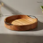 Round Wooden Serving Tray with Metal Handles