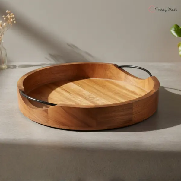 Round Wooden Serving Tray with Metal Handles