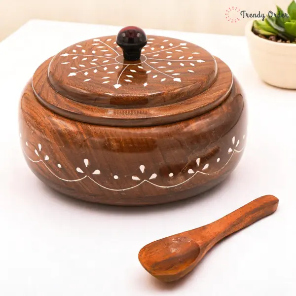Wooden Masala Box with White Inlay 4 Compartments