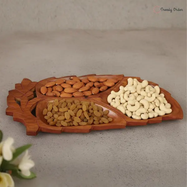Leaf Wooden Dry Fruit Tray with 3 Sections