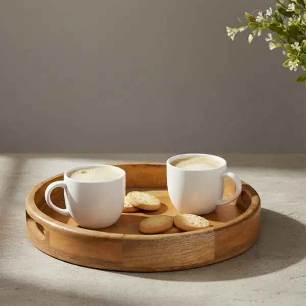Round Wooden Serving Tray with Integrated Handles