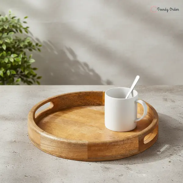 Round Wooden Serving Tray with Integrated Handles