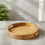 Round Wooden Serving Tray with Integrated Handles