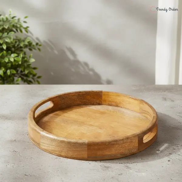 Round Wooden Serving Tray with Integrated Handles