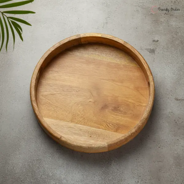 Round Wooden Serving Tray with Integrated Handles