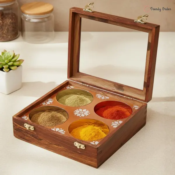 Wooden Masala Box with Steel Bowls