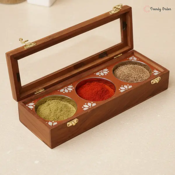 Rectangular Wooden Spice Box with 3 Steel Bowls Rectangular Wooden Spice Box with 3 Steel Bowls