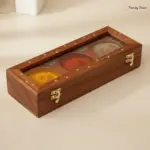 Rectangular Wooden Spice Box with 3 Steel Bowls