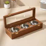 Rectangular Wooden Spice Box with 3 Steel Bowls