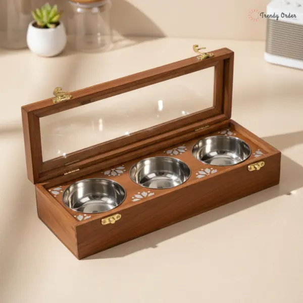 Rectangular Wooden Spice Box with 3 Steel Bowls