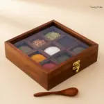 Square Wooden Masala Box with Glass Lid