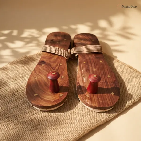 Brass Star Wooden Khadau Curved Comfort Paduka